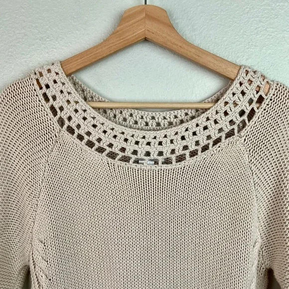 Spiegel Vtg Beige Crochet Neck Belted Tunic Sweater Women's Medium Boho Coastal - Picture 2 of 9